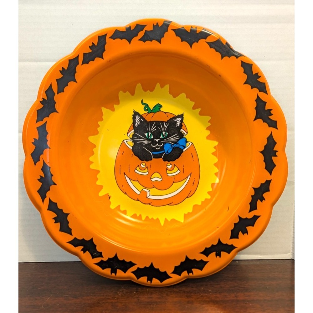 Vintage 1990s Berman Industries Halloween Candy Bowl Black Cat Pumpkin Bats 13"